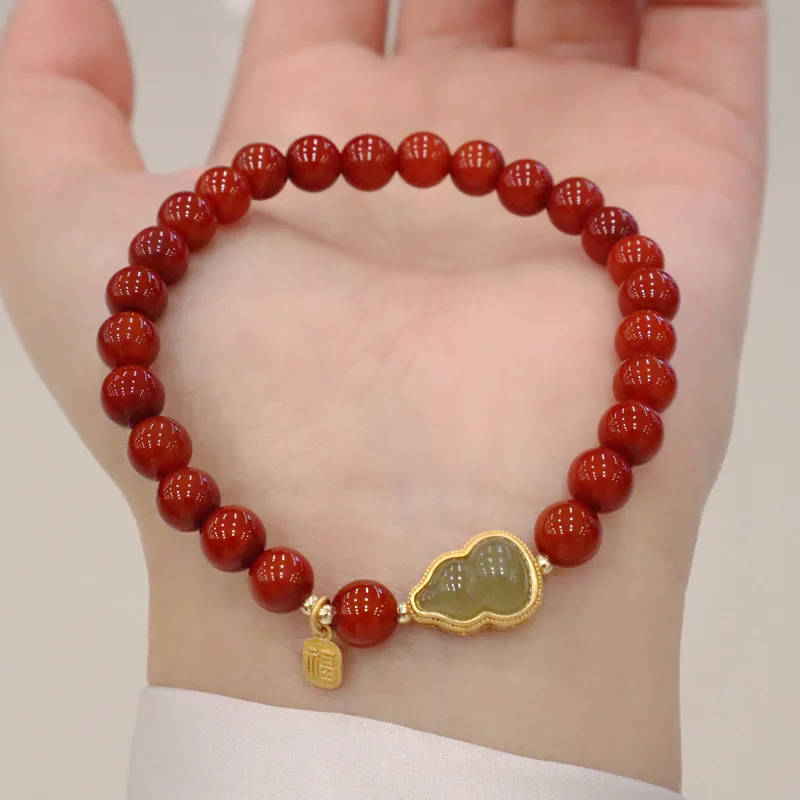 

Natural South Red Agate Birthday Year Vintage Bracelet Female Niche High-end Hetian Jade Gourd Beaded Jewelry Girlfriend Gift