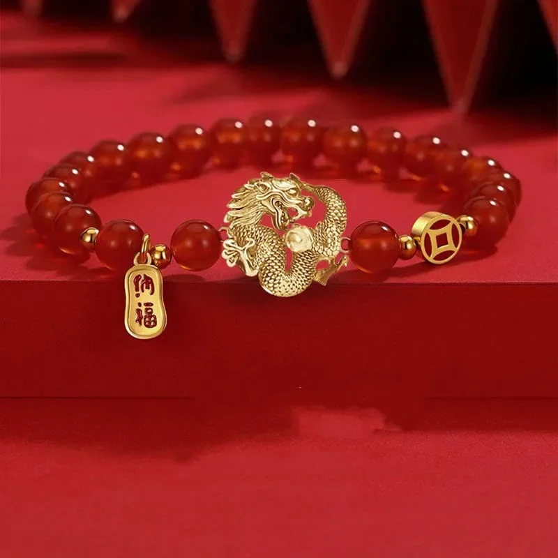 Bracelet dragon du zodiaque de style chinois pour femmes et hommes, apporte richesse, santé et bonne chance, bracelet de couple perlé rouge, bijoux Gi, 2024 1