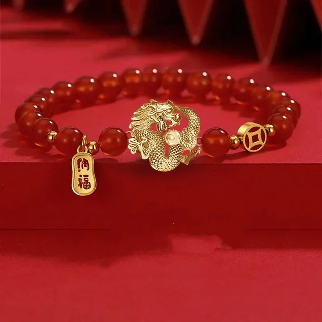 Bracelet dragon du zodiaque de style chinois pour femmes et hommes, apporte richesse, santé et bonne chance, bracelet de couple perlé rouge, bijoux Gi, 2024 1
