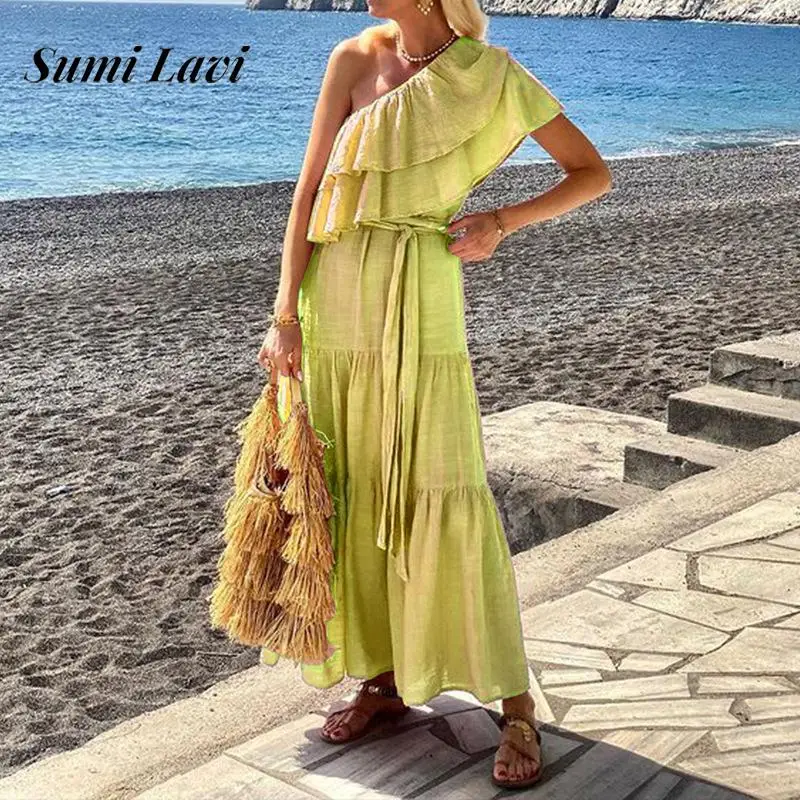 

Summer Sexy One Shoulder Sleeve Long Dress Women Elegant Diagonal Collar Solid Party Dress Fashion Tie-up Pleated Ruffled Dress