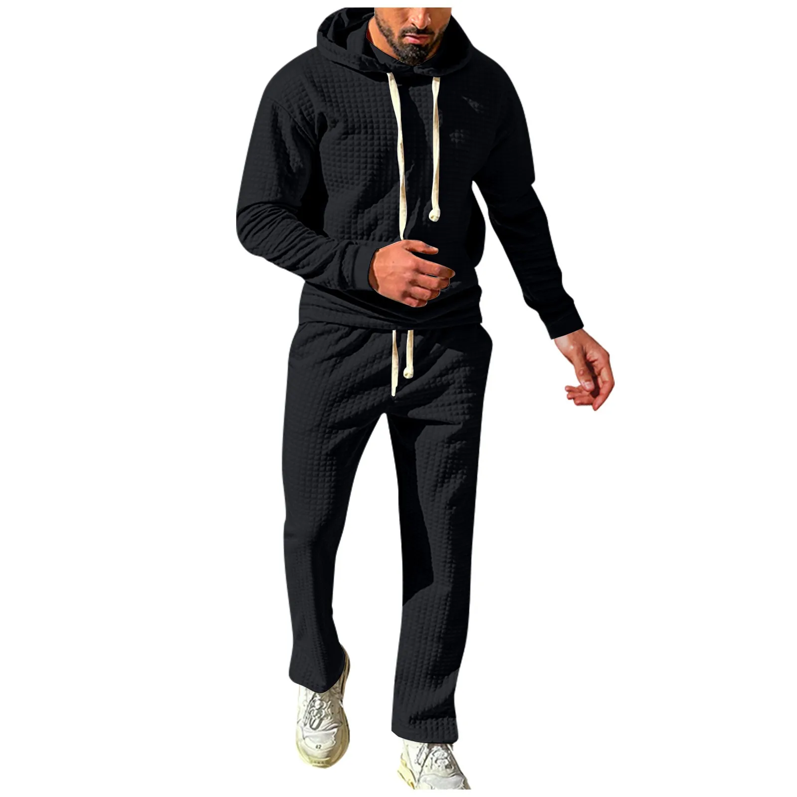 

Winter Hoodie Sets Men Fashion Waffle Hoodies Black Pants Casual Jogger Suit Tracksuit Sweatshirt Pullover Set