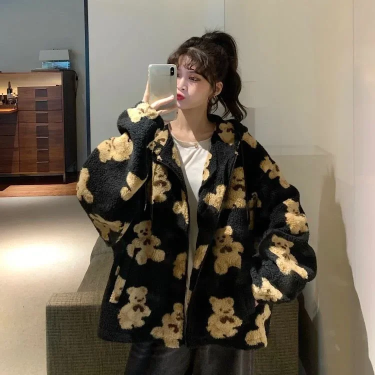 

Harajuku Bear Teddy Print Plush Jacket Women Winter 2022 Female Korean Fluffy Hooded Coat Thick Warm Couple Streetwear Outerwear