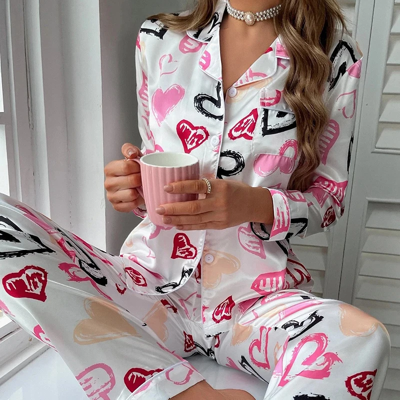 

Женская шелковая атласная пижама, домашняя одежда, одежда для сна из двух предметов, женская мягкая пижама с длинным рукавом и пуговицами, комплект пижамы