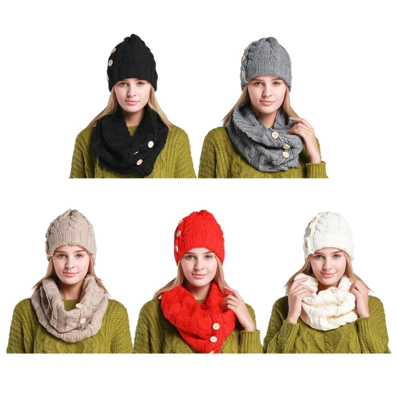 

Women Winter 2Pcs Cable Knit Buttons Cuffed Beanie Hat for Infinity Circle Scarf