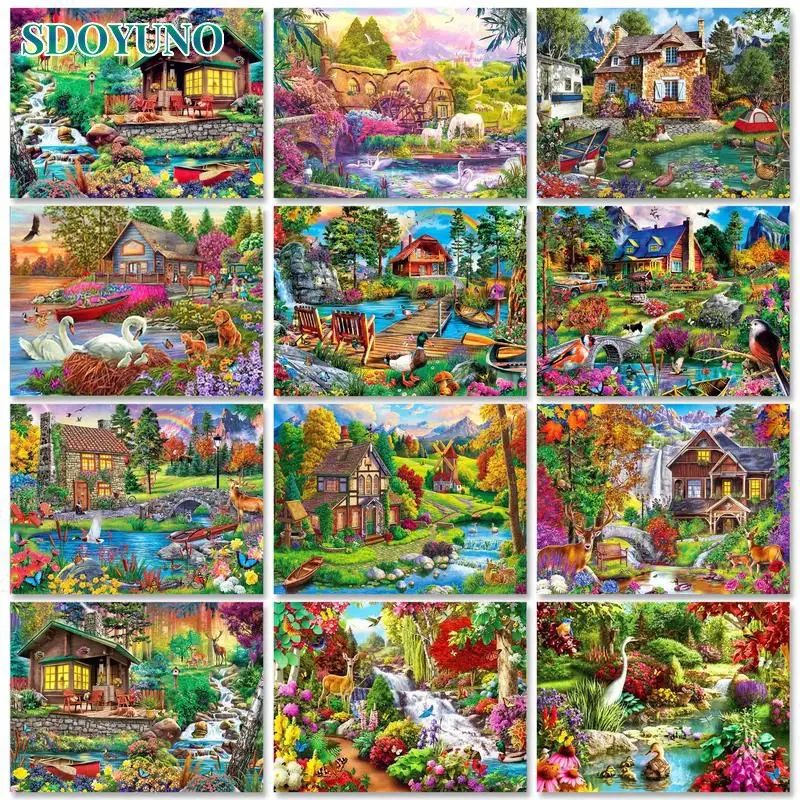 

SDOYUNO Diy Paint By Numbers For Adults Village Landscape Picture HandPainted Drawing On Canvas Coloring Oil Painting Wall Decor