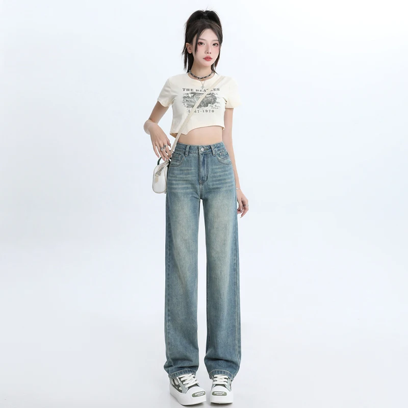 

Женские джинсовые брюки с завышенной талией, свободные прямые брюки из денима с широкими штанинами, корейский стиль, Новинка лета 2024