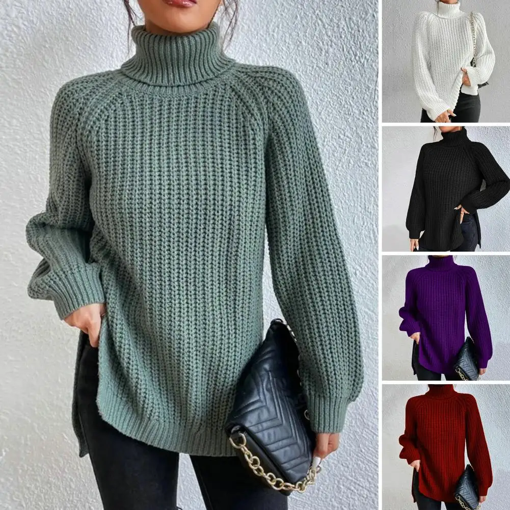 

Turtleneck Raglan Long Sleeves Warm Pullover Sweater Side Split Hem Women Sweater Winter Solid Color Loose Warm Sweater Jumper