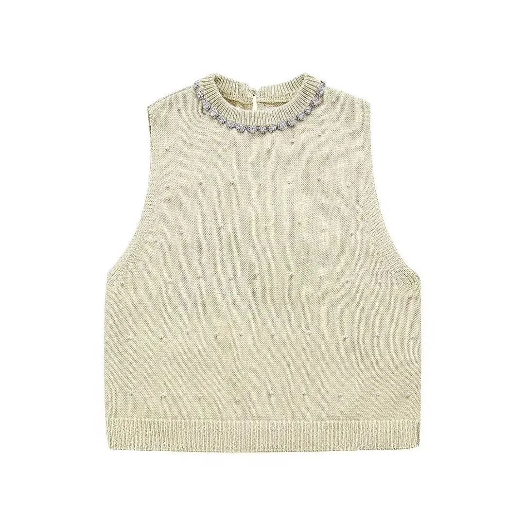 

Women's 2024 New Fashion Temperament With Artificial Pearls and Jewelry Inlaid Knit Top Retro Sleeveless Vest Chic Top