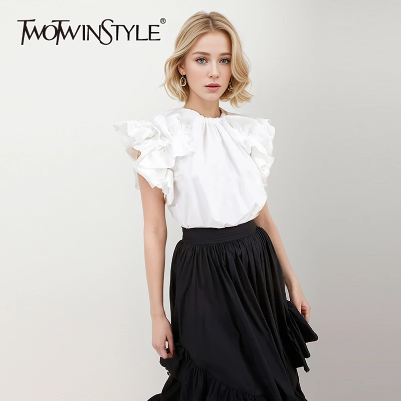 

TWOTWINSTYLE Solid Minimalist Pullover Shirt For Women Round Neck Flying Sleeve Spliced Folds Elegant Blouses Female Fashion New