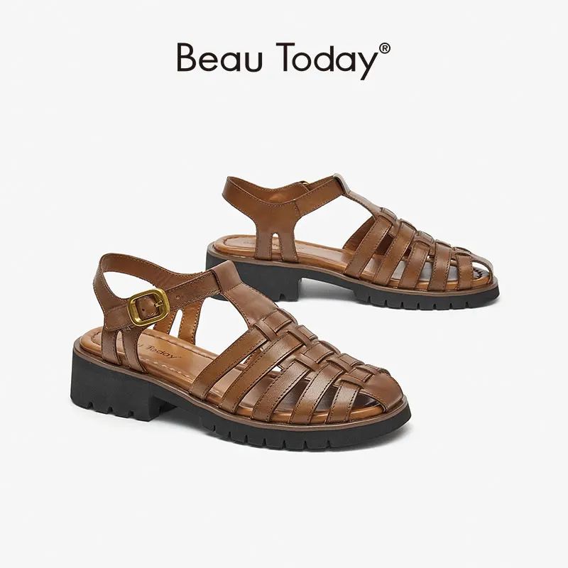 

BeauToday Gladiator Sandals Women Cover Toe Slingback Square Heel Buckle Strap Roman Casual Summer Female Shoes Handmade 33079