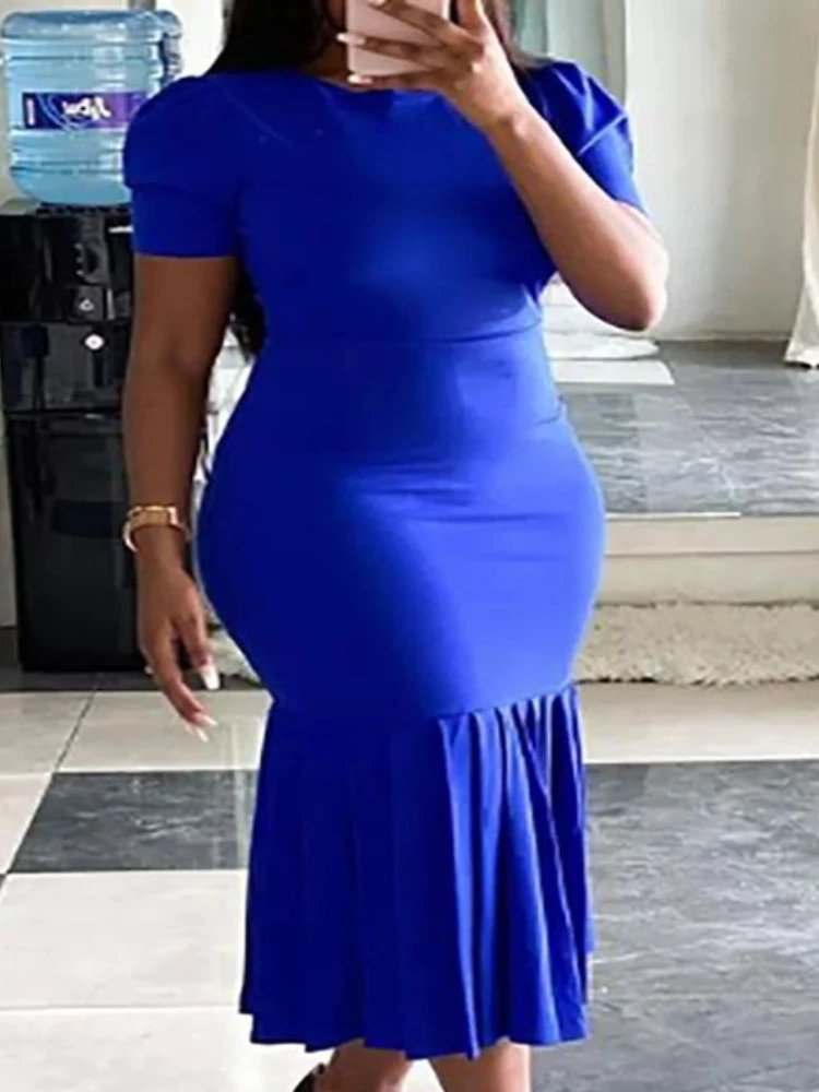 Elegant Mermaid Bodycon Dress For Women Ruffles Short Sleeve Pink Blue Elastic Party Evening Formal Occasion Gowns Big Size 3XL 
Elegant Mermaid Bodycon Dress For Women Ruffles Short Sleeve Pink Blue Elastic Party Evening Formal Occasion Gowns Big Size 3XL