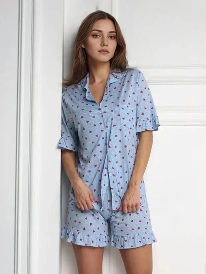 Marthaqiqi Printing Casual Female Sleepwear Set Turn-Down Collar Pajamas Short Sleeve Nightgowns Shorts Loose Women Nightie Suit
Marthaqiqi Printing Casual Female Sleepwear Set Turn-Down Collar Pajamas Short Sleeve Nightgowns Shorts Loose Women Nightie Suit