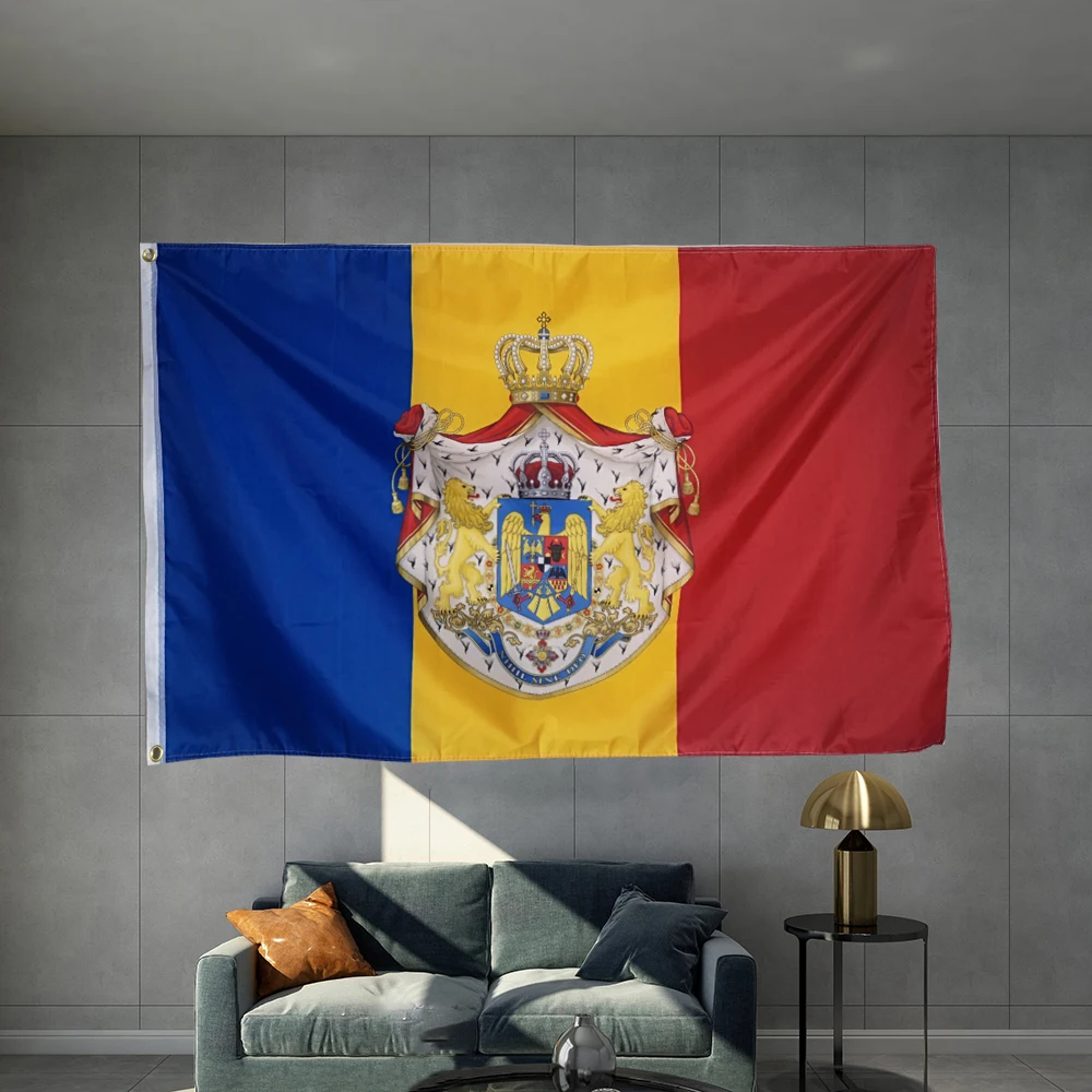 

Kingdom Of Romania Hanging Flag National Emblem Banner 3X5FT 150X90CM Brass Metal Holes Graphic Custom Printed Double Sided
