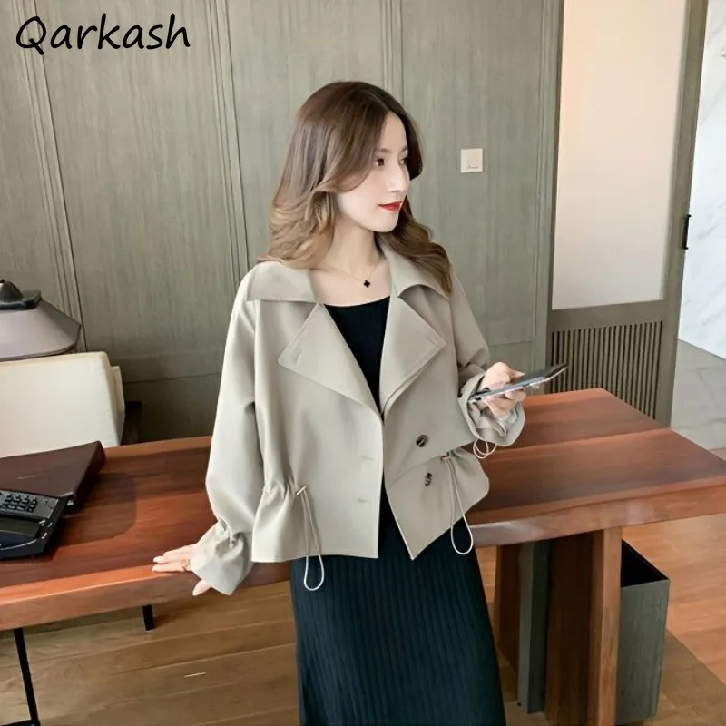 

Cropped Trench Women New Coat Turn Down Collar Loose Windbreaker Solid British Style Drawstring All-match Spring Commuter Female