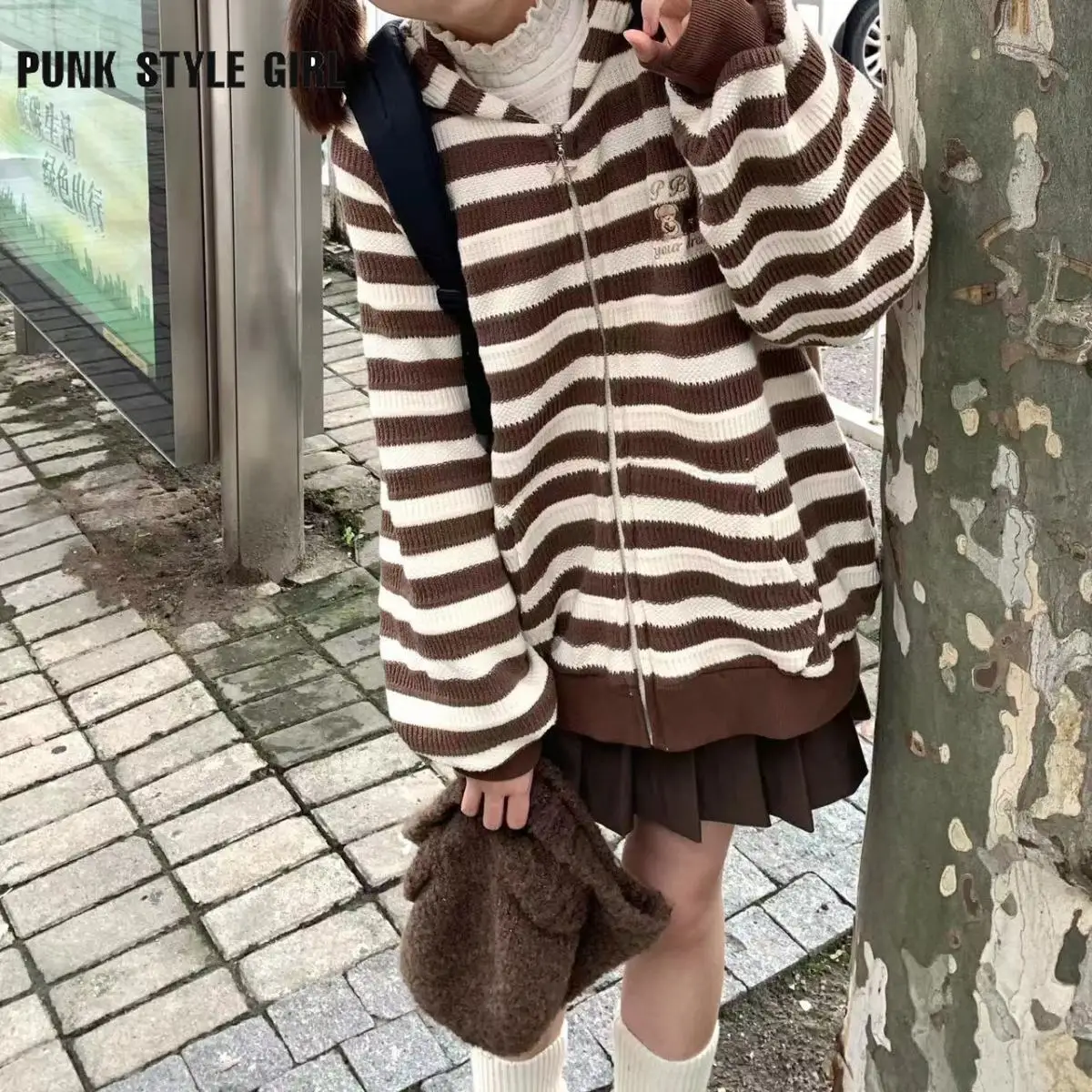 

Japanese Knitted Striped Hooded Cardigan Kawaii Embroidery Harajuku Cardigans Femme Preppy Y2k Aesthetic Zipper Kardigany Womens