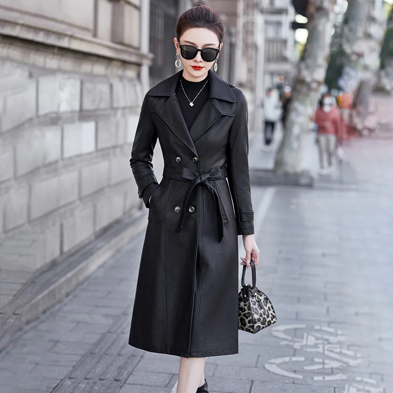 

New Women Spring Autumn Leather Coat Fashion Suit Collar Double Breasted Slim Sheepskin Trench Coat Elegant Split Leather Coat