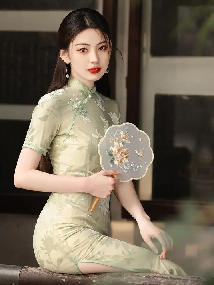 

Improved Cheongsam Dress Qipao 2024 New Young Girl Orange Summer Daily Wearable Long Dress Chinese Summer Women Clothing