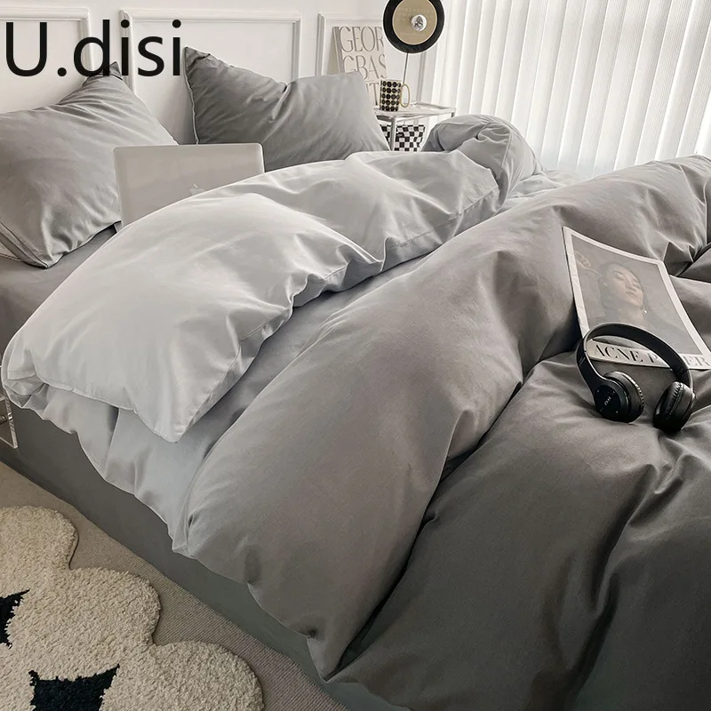 

Udisi Nordic Bedding Set Fade Color Luxury Washed Cotton Quilt Duvet Cover Simple Polyester Bedclothes Home Textile