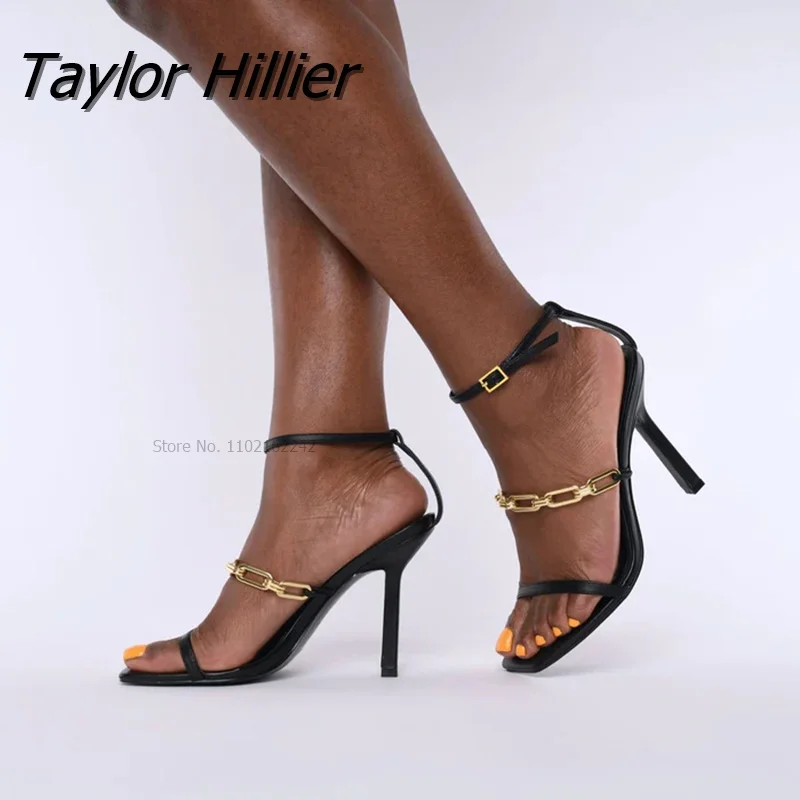 Black Square Toe Sandals Women Unique Thin High Heels Back Zip Open Toes Metal Chains Decor Runway Sandalias Big Plus Szie 43
Black Square Toe Sandals Women Unique Thin High Heels Back Zip Open Toes Metal Chains Decor Runway Sandalias Big Plus Szie 43