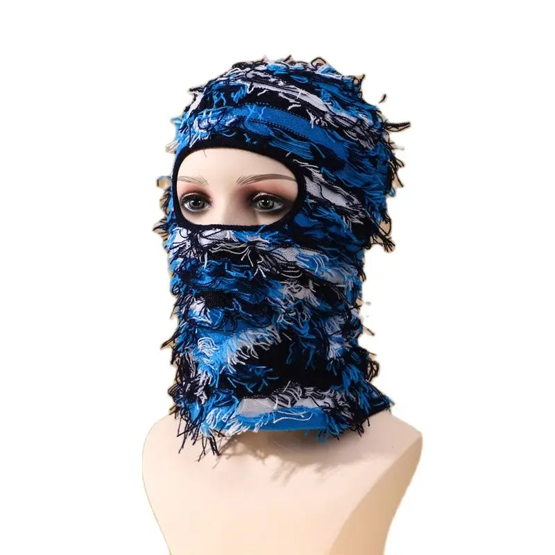 

Women's fashion distressed balaclava Winter warm long protective neck warmer mask Men tassel Tactic knitted hat Beanie cap