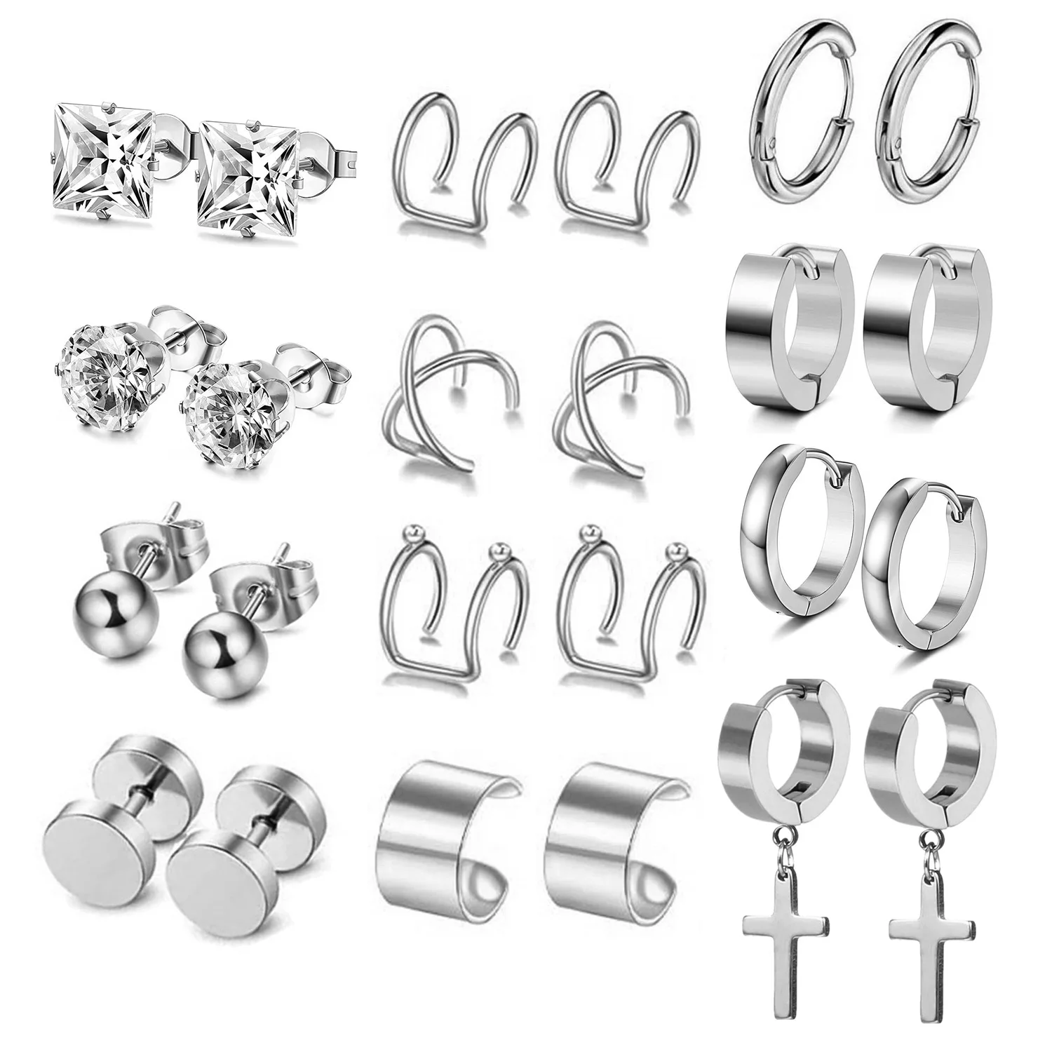 1-12 Pairs Stainless Steel Stud Earrings Huggie Dangle Earring Ear Cuff Cross Hoop Earrings Set for Women Men Silver Color
1-12 Pairs Stainless Steel Stud Earrings Huggie Dangle Earring Ear Cuff Cross Hoop Earrings Set for Women Men Silver Color