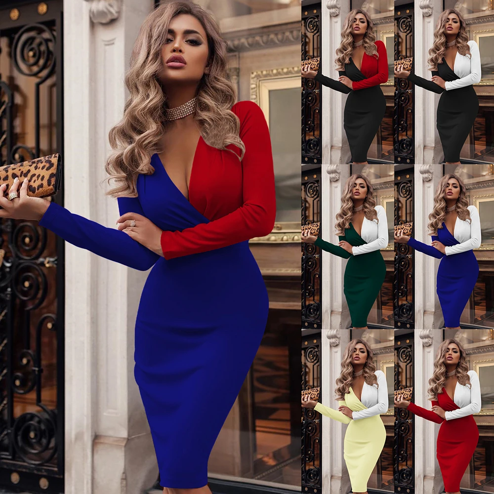 New European and American Women's Dress Deep V Fold Color Matching Hip Skirt Sexy Bag Skirt Sexy Dress Women Party Dress Vestido
New European and American Women's Dress Deep V Fold Color Matching Hip Skirt Sexy Bag Skirt Sexy Dress Women Party Dress Vestido