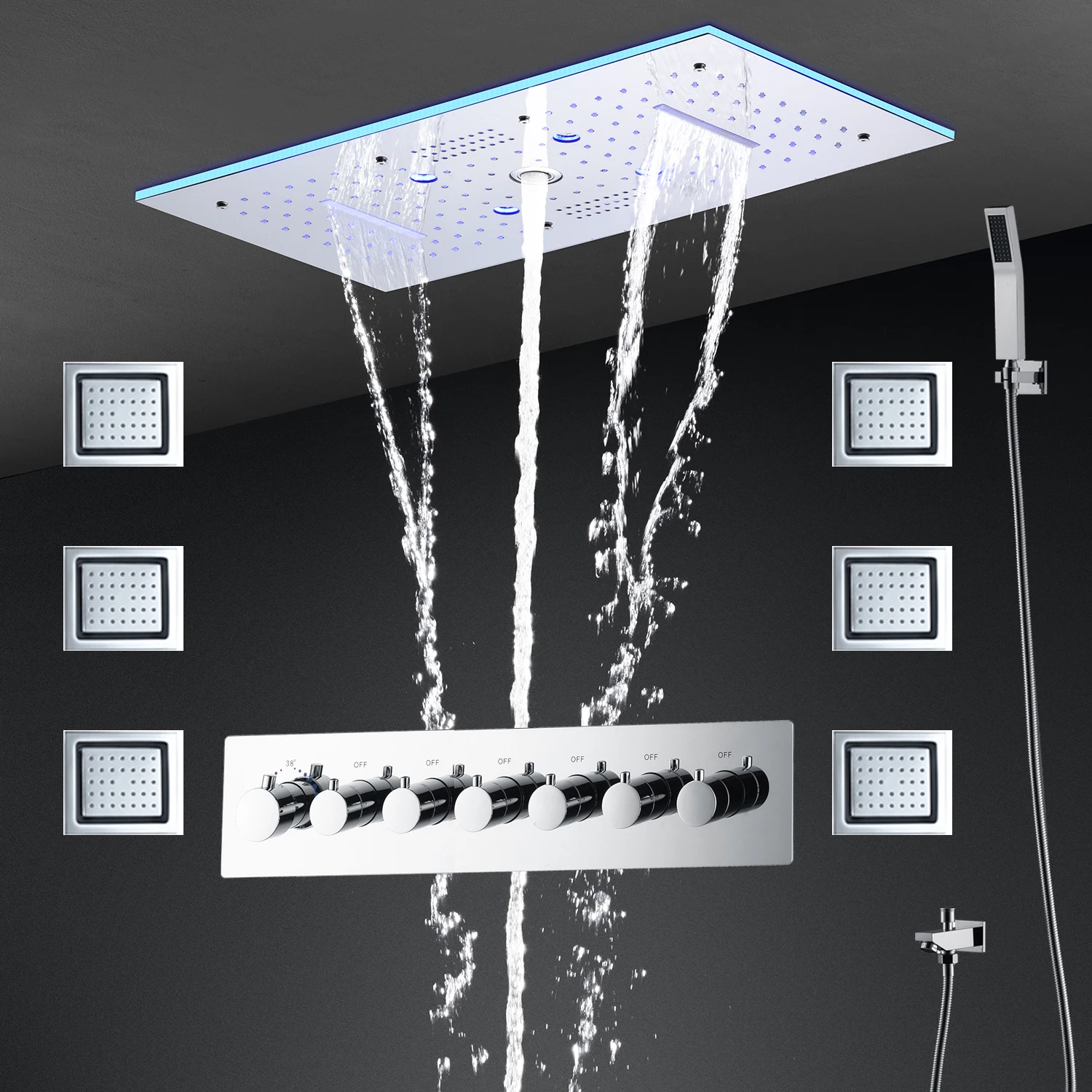 

24x12 Inch 600x300mm Bluetooth Music LED Shower Head Panel Faucet Rain Mist Waterfall Column Thermostatic Mixer Valve Set