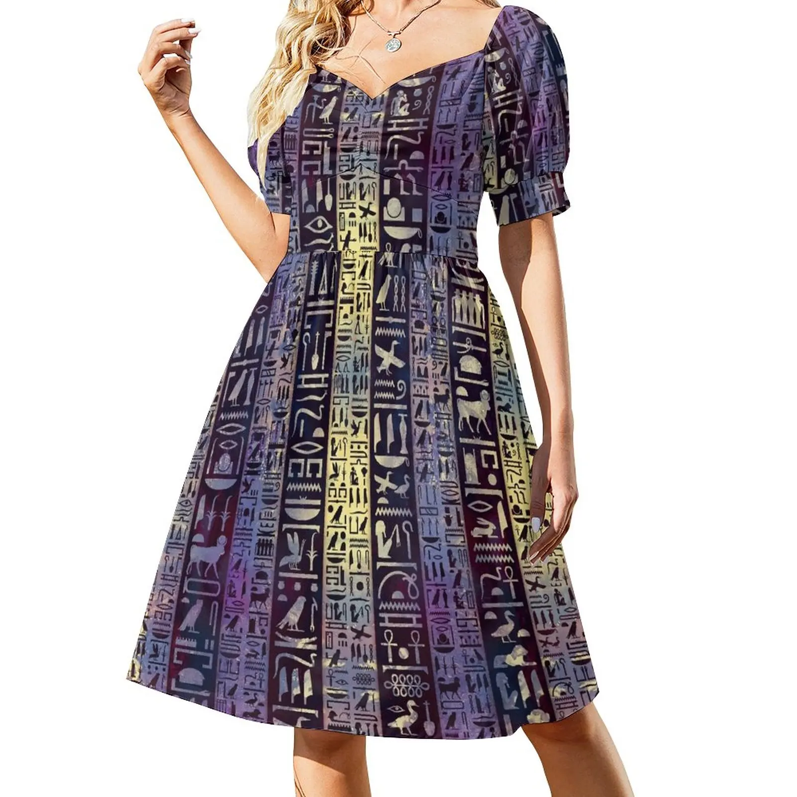 

Египетские хироглифы на фиолетовом цвете текстурное платье без рукавов платье женская летняя одежда 2024