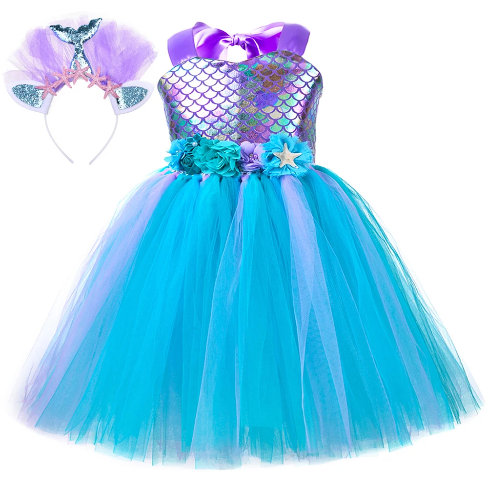 

Little Mermaid Dress for Girls Ocean Theme Birthday Party Princess Tutu Dress Ball Gown Starfish Flowers Kids Halloween Costumes