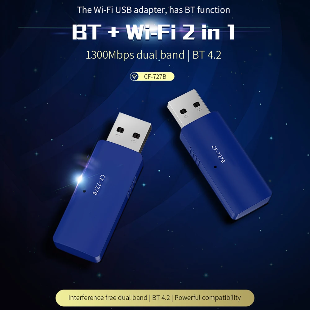 

CF-727B 802.11ac/b/g/n Wireless WiFi BT Adapter 1300Mbps USB WiFi Adapter 2.4G + 5.8G Network Card Receiver / Transmitter