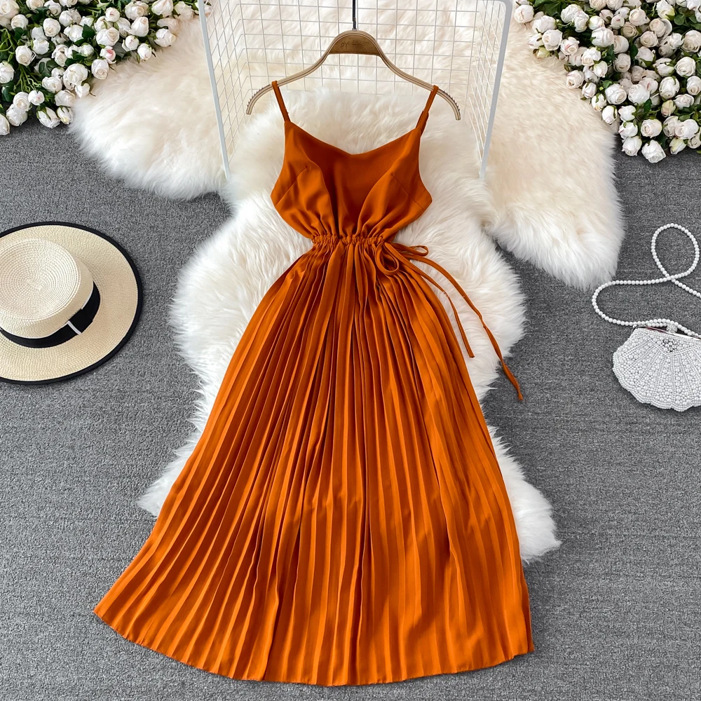 

Fashion Suspender Dress 2022 Summer Super Fairy Yellow Backless Pleated Dress Seaside Holiday Big Swing Long Dress