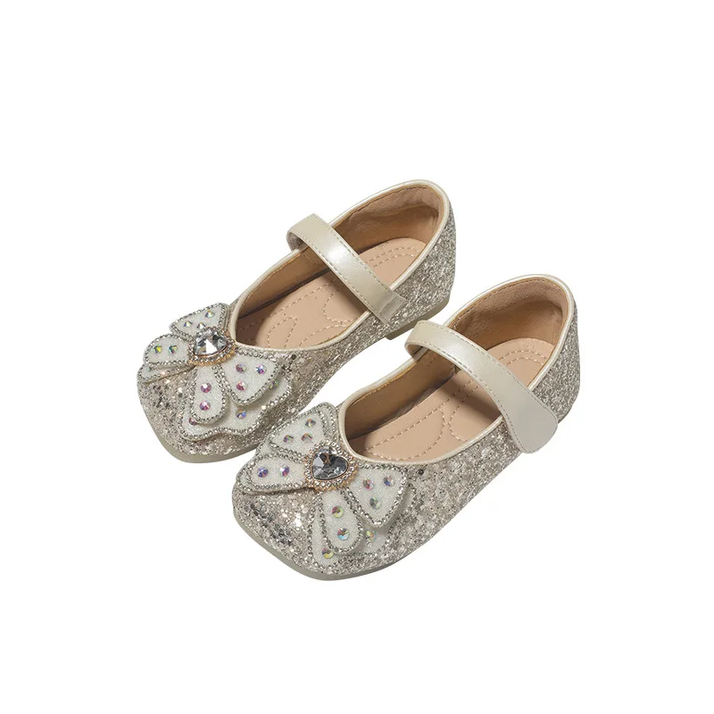 

New Luxury Design Dress Dance Shoes Girls Princess Rhinestone Butterfly-knot Baby Toddler Flats School Kids Leather Shoes 5A