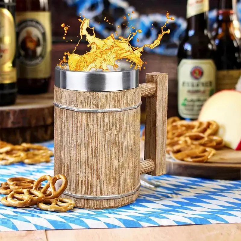 

Деревянная пивная кружка в виде бочонка, чашка из искусственной нержавеющей стали, кружка для напитков с двойными стенками, изолированная кружка для бара и коктейлей