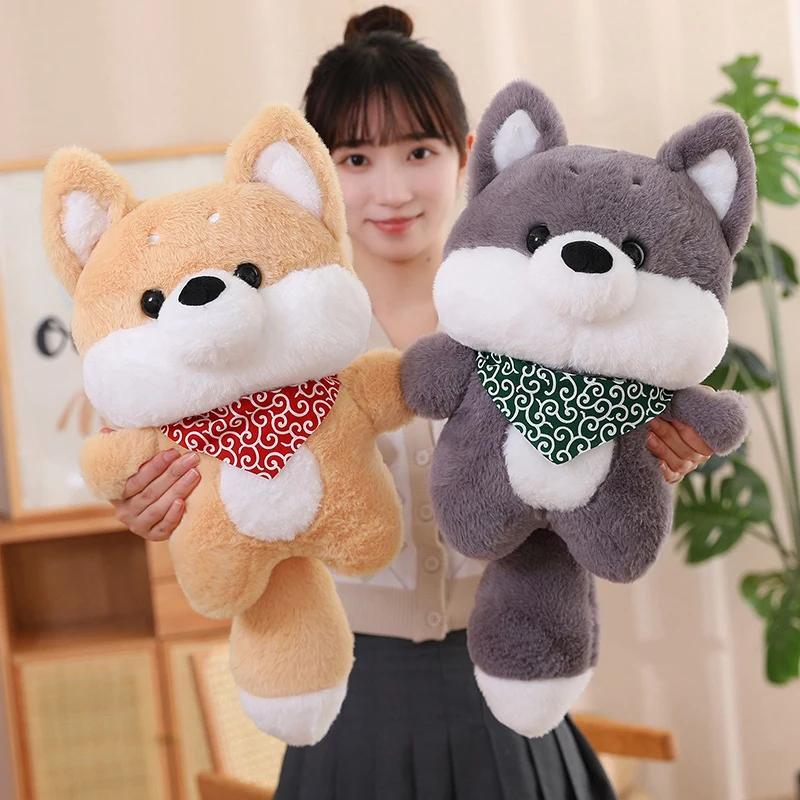 

Standing Cute Puppy Dog Doll Plush Toy Stuffed Brown Shiba Inu Grey Husky Bib Cartoon Animal Plushie Peluche Boys Girls Present