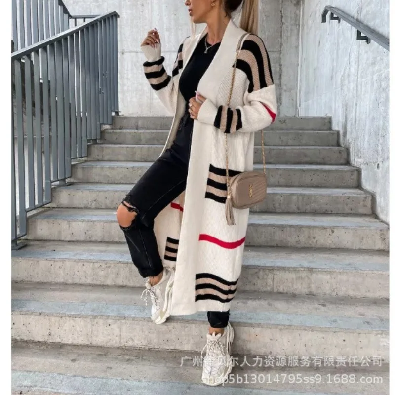

Women Autumn Knitted Long Sweater Y2K INS Clothing Outwear Striped Long Sleeve Open Front Longline Cardigan