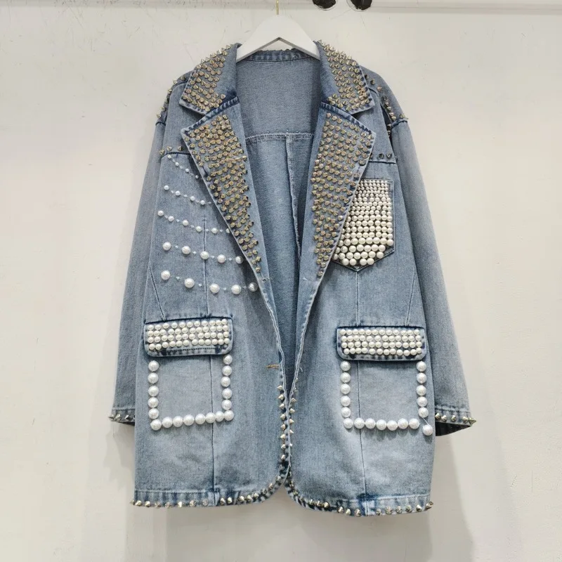 

Luxury Women Big Pearls Beaded Denim Blazer Coat OL Streetwear Rivets Turn Down Collar Cowboy Suits Jacket Outwear Jean Cardigan