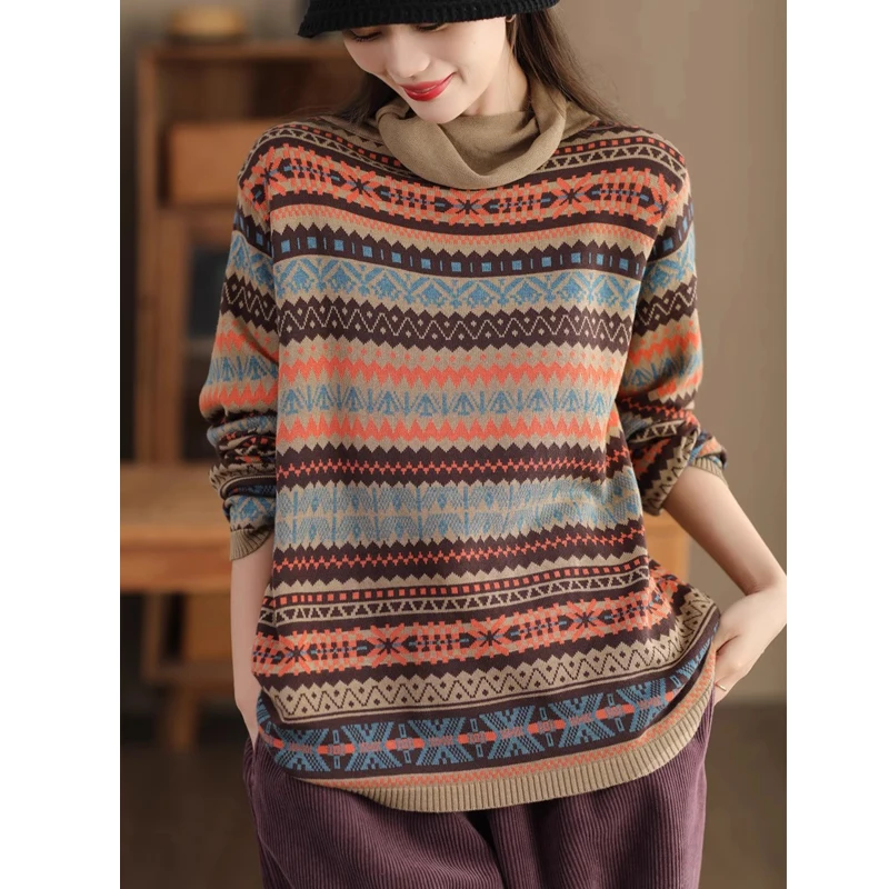 

Autumn Winter Turtleneck Women Jacquard Knitwear Ethnic Style Literary Elegant Pullovers Fashion Patchwork Loose Casual Tops