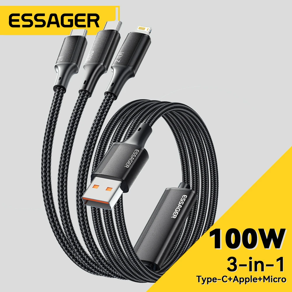 

Essager 100W Cable USB C to Type C to Lighting PD Fast Charger Data 3 in 1 Quick Charging Cord For Macbook iPhone Samsung Xiaomi