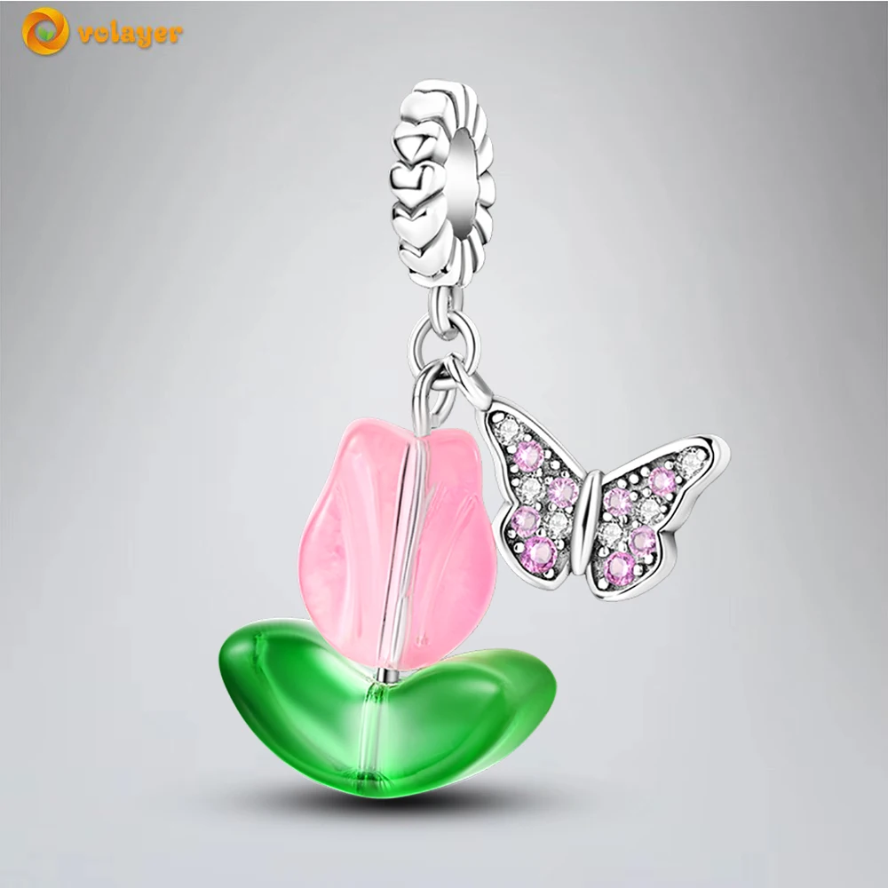 

Volayer 925 Sterling Silver Beads Glazed Butterfly Tulip Dangle Charm fit Original Pandora Bracelets for Women DIY Jewelry