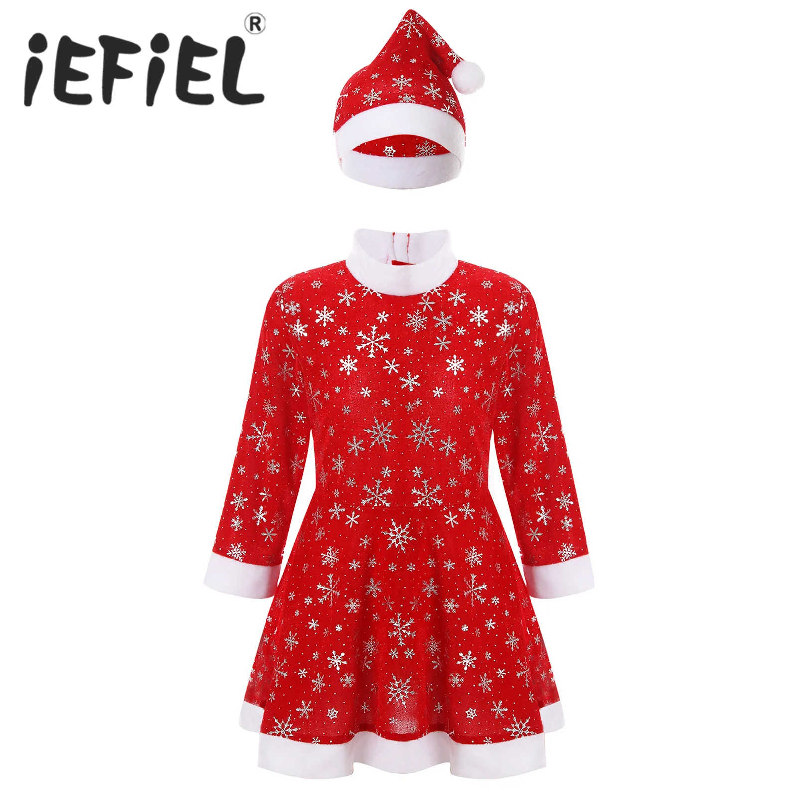

Kids Girls Christmas Costume Xmas New Year Festival Cosplay Dress Snowflake Long Sleeve Turtleneck Santa Clause Dress with Hat
