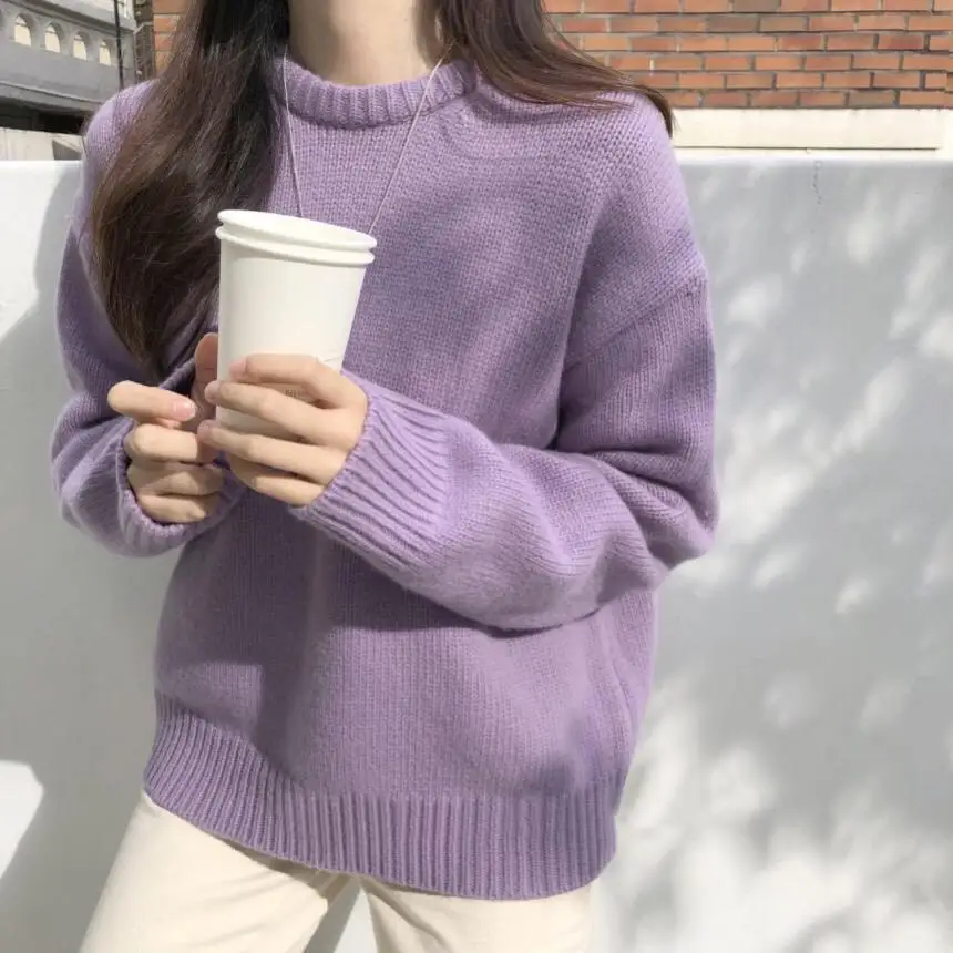 

Purple Round Neck Sweater Women's Korean Edition Autumn/Winter New Loose Lazy Style Knitted Shirt Thickened Top Outward Wear