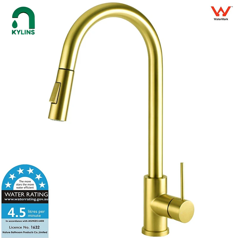 

KYLINS Brushed Kitchen Taps Stainless Steel Golden Faucet for Kitchen Sink Pull Out 2 Mode Water Mixer Washbasin Faucets Basin