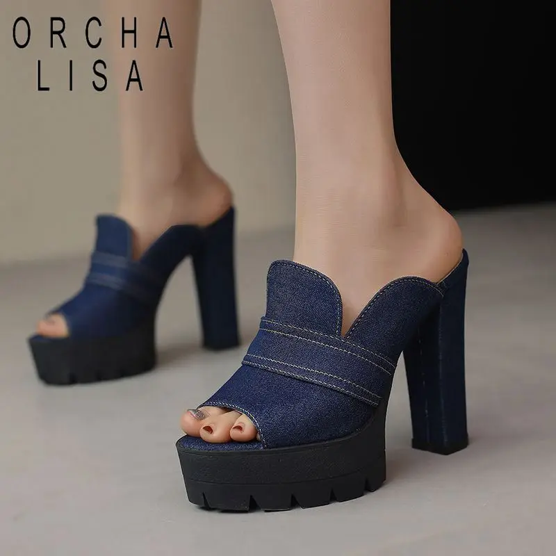 

ORCHA LISA Women Sandals Peep Toe Chunky High Heels 12cm Platform 3.5cm Denim Large Size 49 50 Sexy Female Shoes Fashion Mules