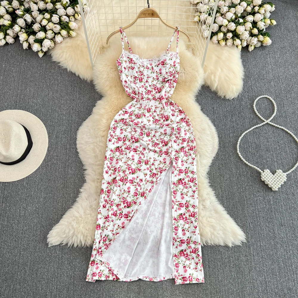 

ssTss Summer Women Sweet Floral Dress Elegant Eyelash Lace Spliced V Neck Spaghetti Strap Sleeveless Slim Split Midi Dress