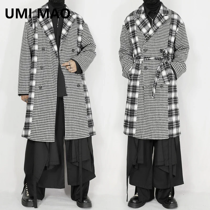 

UMI MAO Autumn Winter New Woolen Coat Men's Long Coat Niche Korean Version Double Breasted Plaid Lace Up Loose Woolen Jaket Men