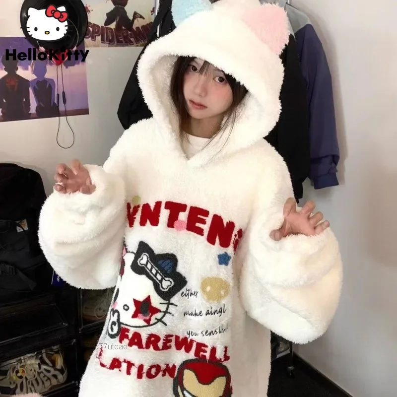 

Sanrio Hello Kitty Embroided Cute Cartoon American Cute Funny Kitty Lamb Plush Pullover Hooded Winter Couple Plush Cotton Coat