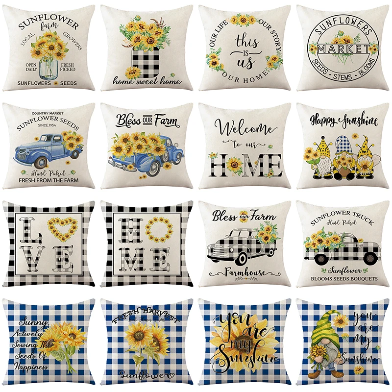 

Black Bule Buffalo Lattice Plaid Printed Cushion Cover 45x45cm Sunflower Letters Linen Pillowcase Simple Home Decor Pillow Cover