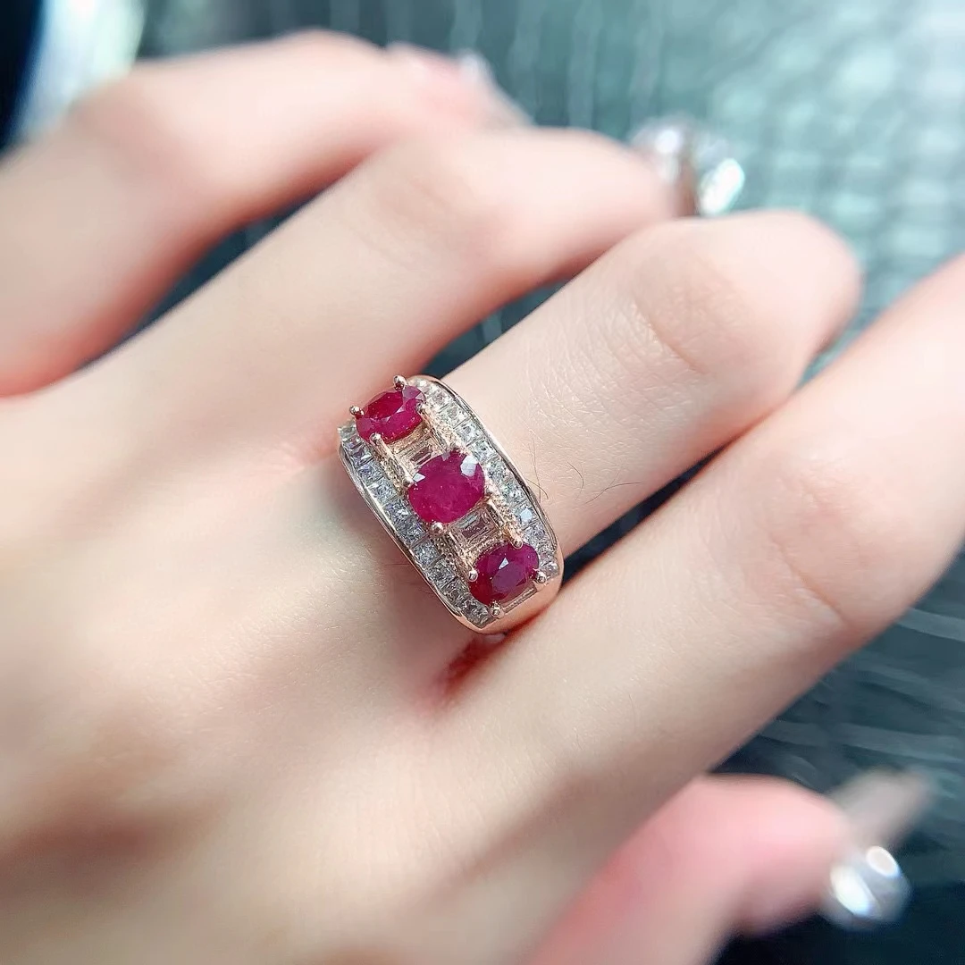 

Natural Ruby Band Ring for Woman 4mm*5mm Total 1.2ct Ruby Ring Solid 925 Silver Gemstone Jewelry with Gold Plated