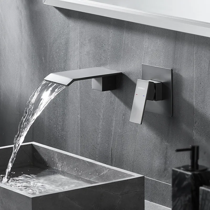 

Bathroom Basin Faucets Soild Brass Sink Mixer Hot & Cold In-Wall Single Handle 2 Holes Lavatory Crane Waterfall Taps Gun Grey