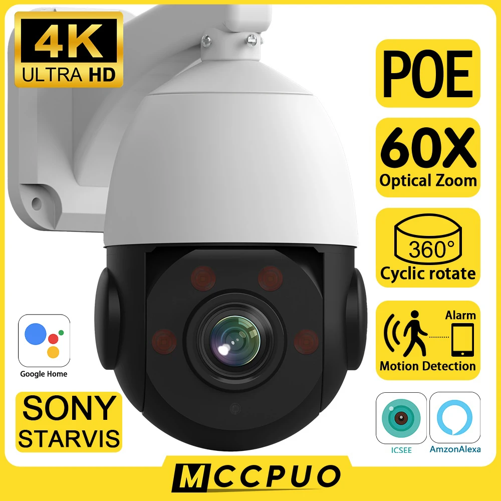 

Mccpuo 4K 8MP Metal POE Camera 360° Rotation 60X Optical Zoom Motion Detection CCTV Surveillance RJ45 IP Camera ICSEE PRO